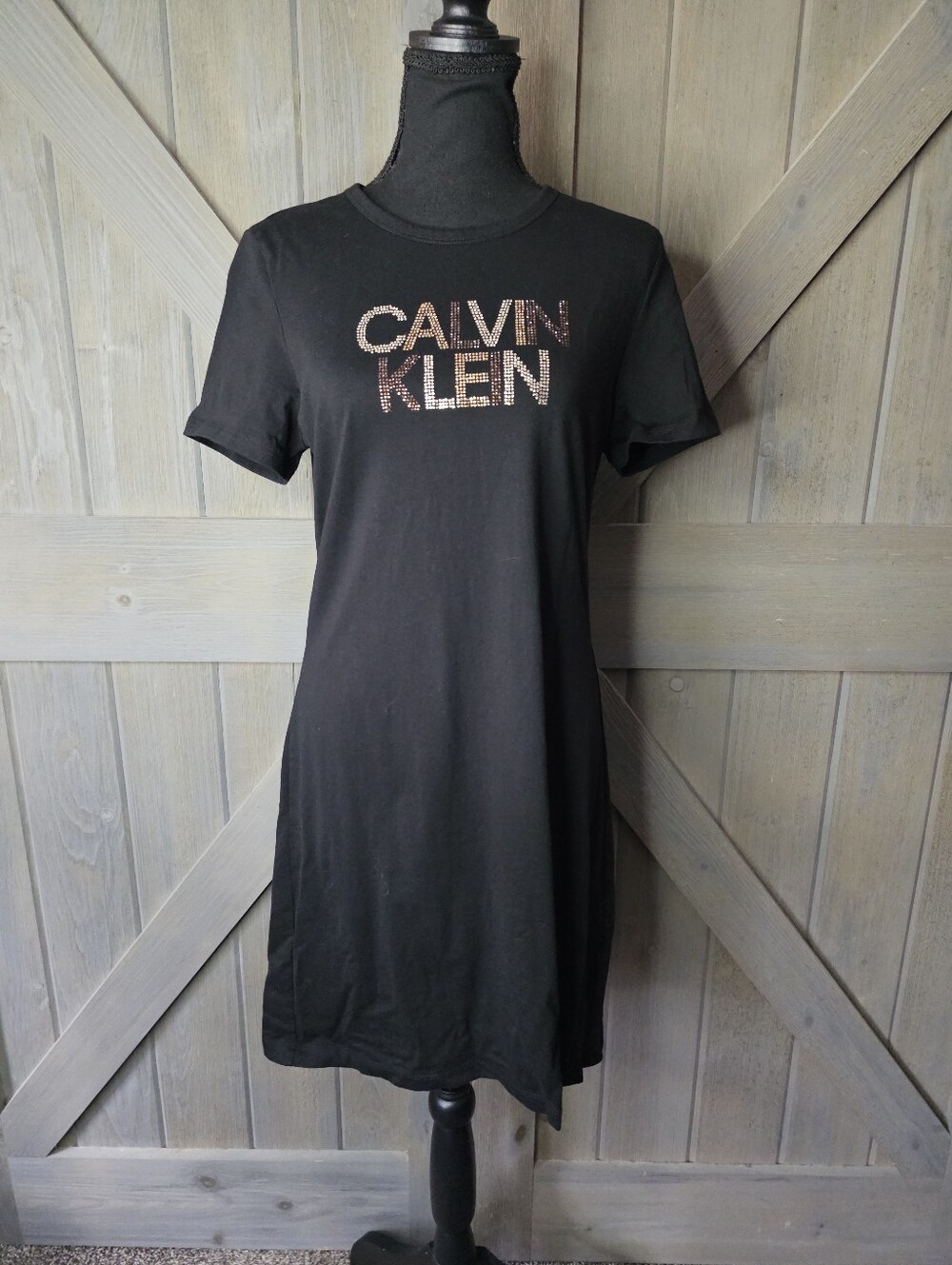 Calvin Klein Black T-Shirt Dress with Rhinestone Logo sz Medium